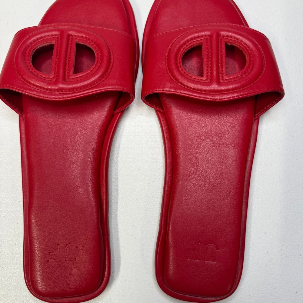 JF Suki Red Faux Leather Cut Out Logo Slide Sandals Mens 9 Womens 11 EU 40